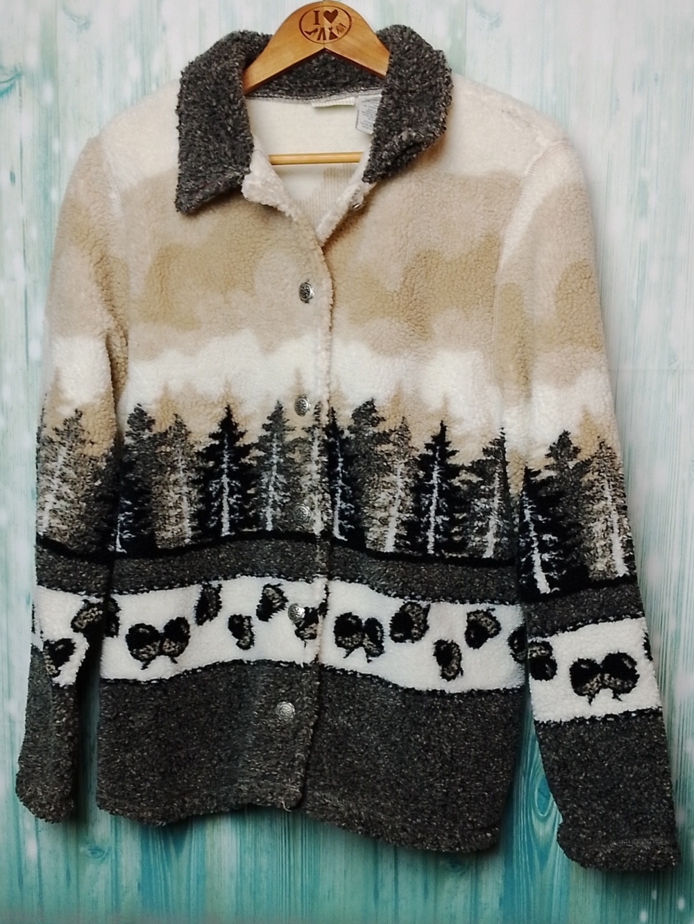 Button Down Sherpa Shacket With Trees And Acorns Print Large
